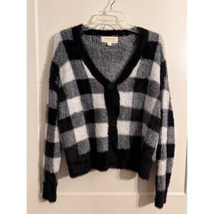 Cloth & Stone Fuzzy Cozy Cardigan Sz S Black-White Check Preppy Dark Academia